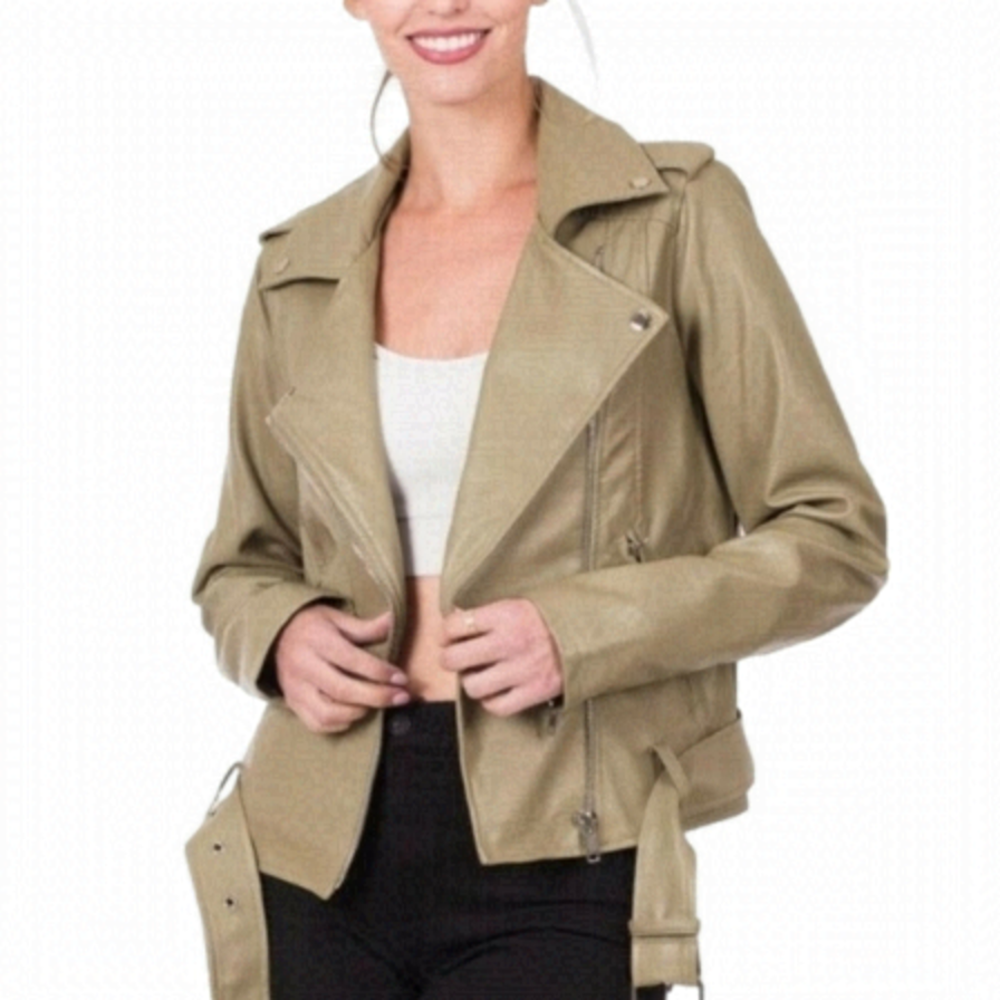 Zenana belted moto jacket - vegan leather - size large - khaki beige BNWT